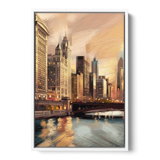 Chicago Architecture and Landmarks - White Framed Canvas Wall Art - Front