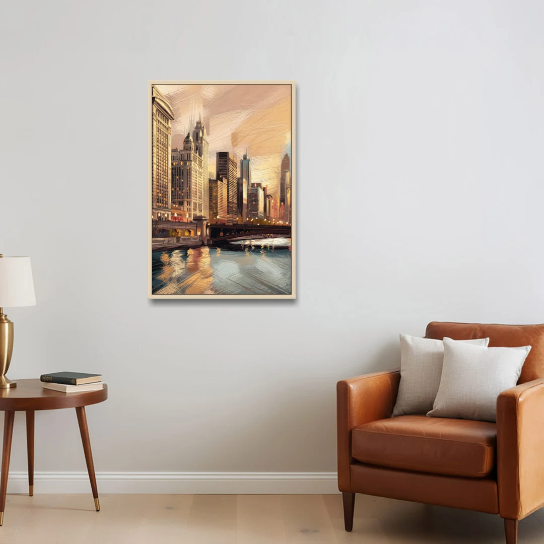 Chicago Architecture and Landmarks - Oak Framed Canvas Wall Art - Sofa - 24x36
