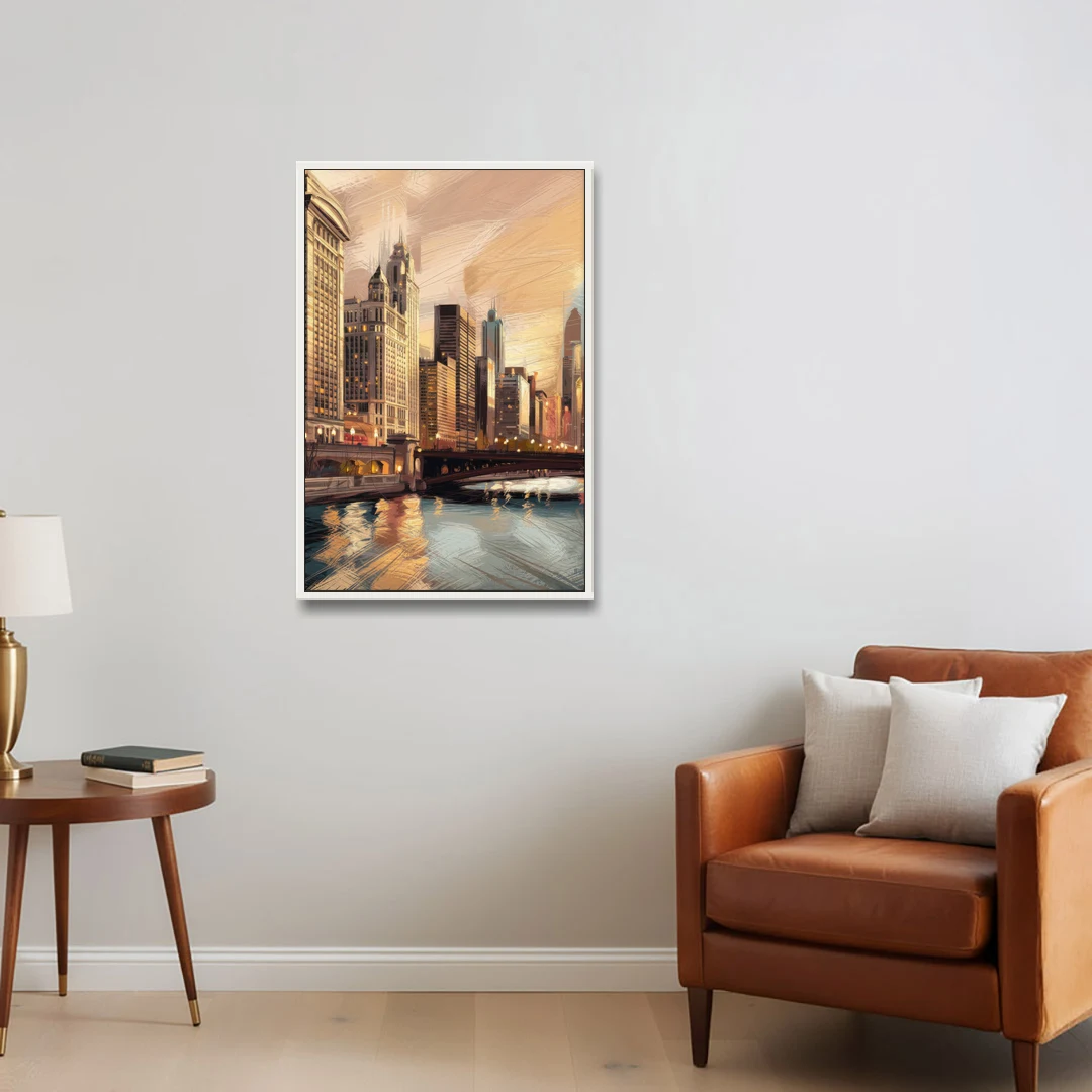 Chicago Architecture and Landmarks - White Framed Canvas Wall Art - Sofa - 24x36