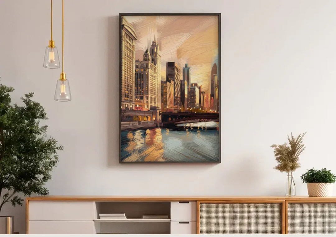 Chicago Architecture and Landmarks canvas wall art above a wooden sideboard under pendant lights