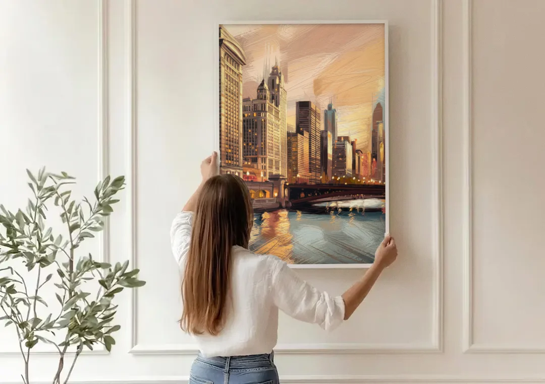 Chicago Architecture and Landmarks canvas wall art being hung on a paneled wall