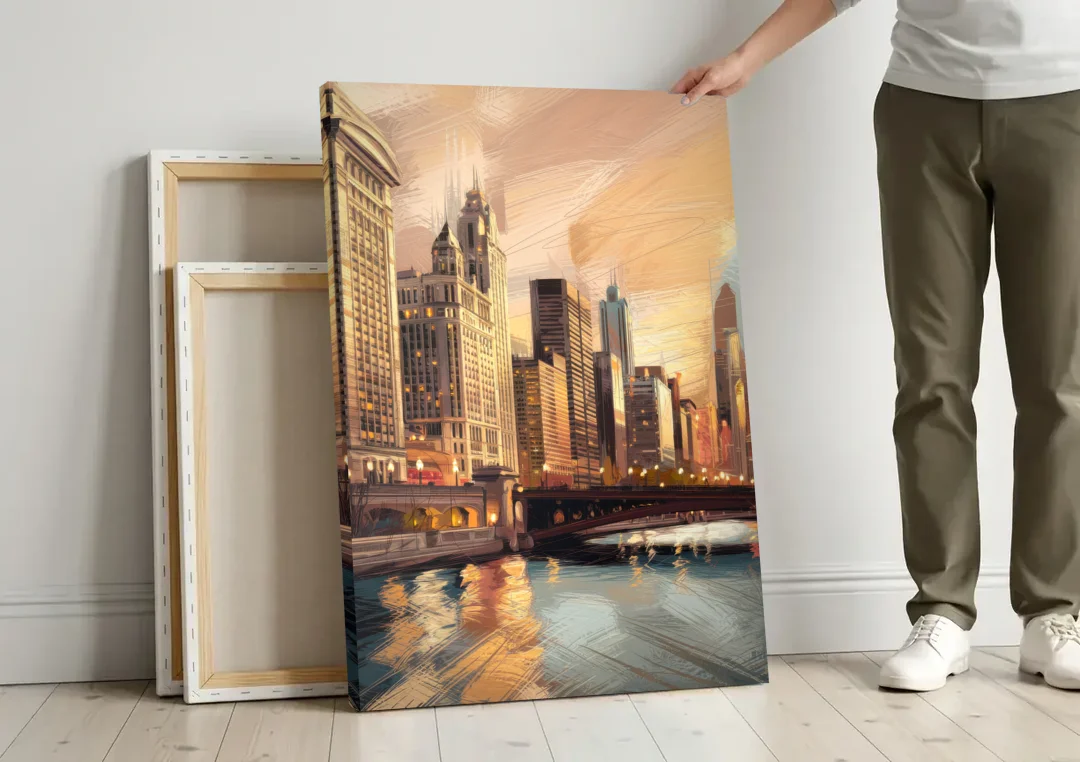 Chicago Architecture and Landmarks canvas wall art leaning against a wall next to blank canvases