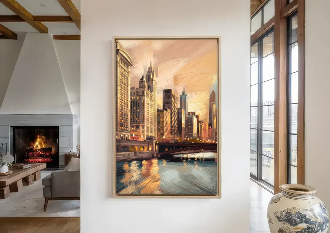 Chicago Architecture and Landmarks canvas wall art in a living room with a fireplace