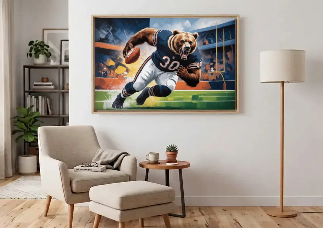 Chicago Bears Impressionistic Bear Art canvas wall art above an armchair in a bright living room