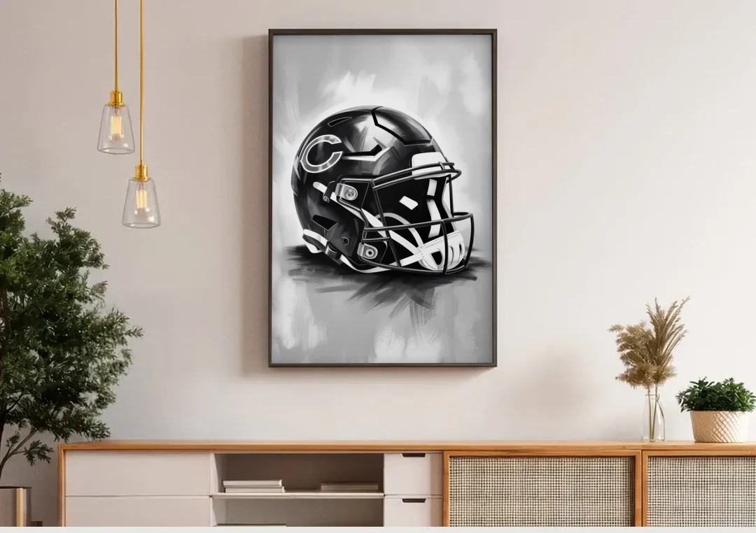 Chicago Bears Vintage Helmet Design canvas wall art above a wooden sideboard under pendant lights