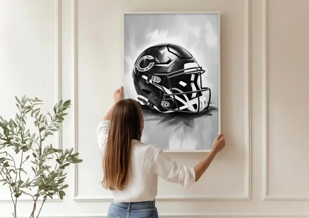 Chicago Bears Vintage Helmet Design canvas wall art being hung on a paneled wall