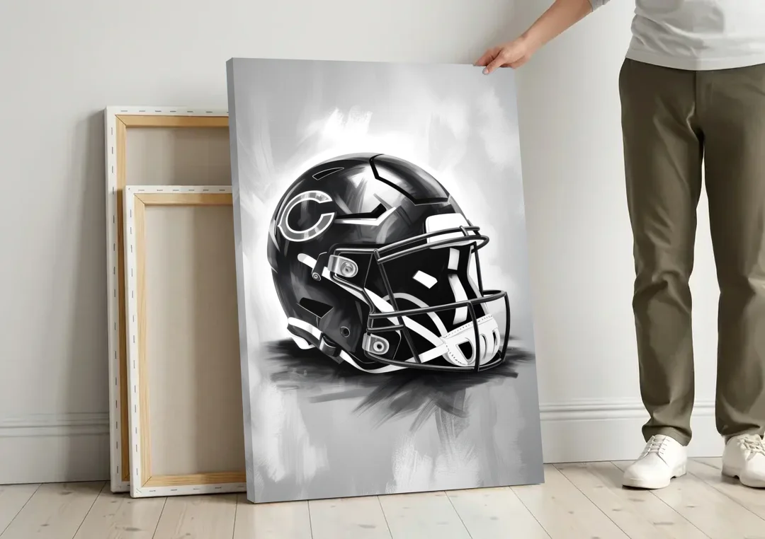 Chicago Bears Vintage Helmet Design canvas wall art leaning against a wall next to blank canvases