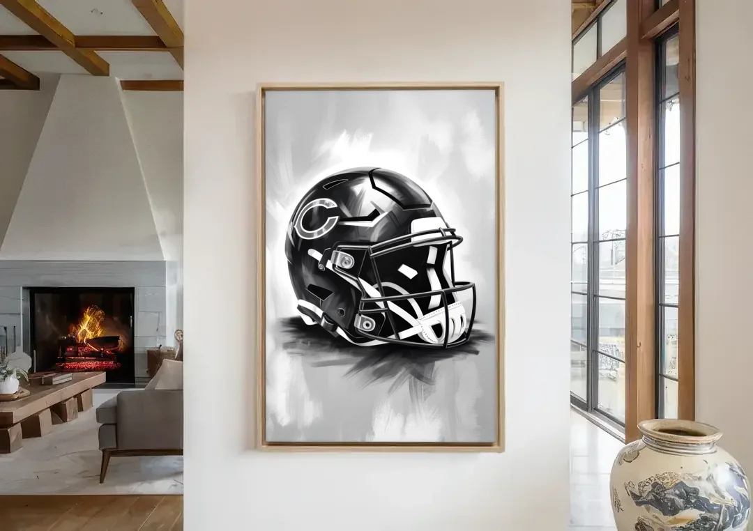 Chicago Bears Vintage Helmet Design canvas wall art in a living room with a fireplace