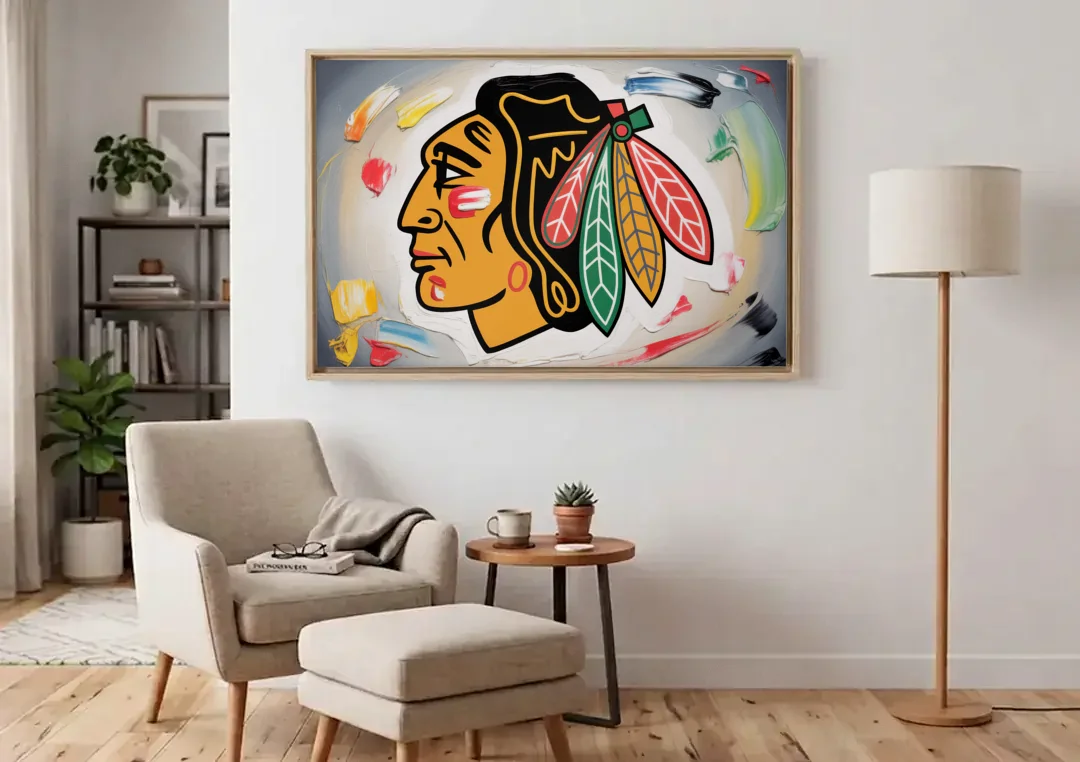 Chicago Blackhawks Classic Logo Redux canvas wall art above an armchair in a bright living room