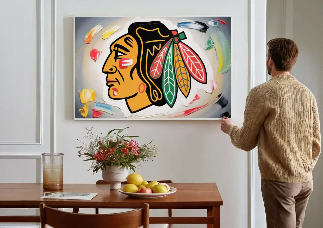 Chicago Blackhawks Classic Logo Redux canvas wall art above a dining table