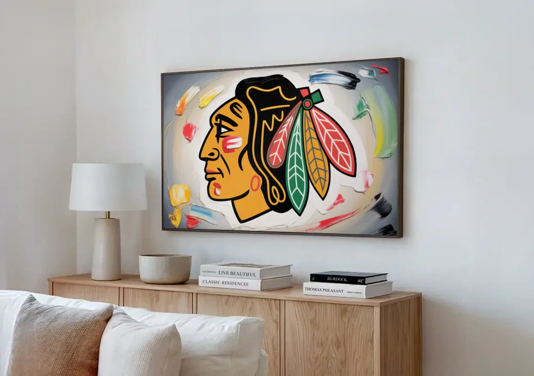Chicago Blackhawks Classic Logo Redux canvas wall art above a wooden sideboard next to a sofa