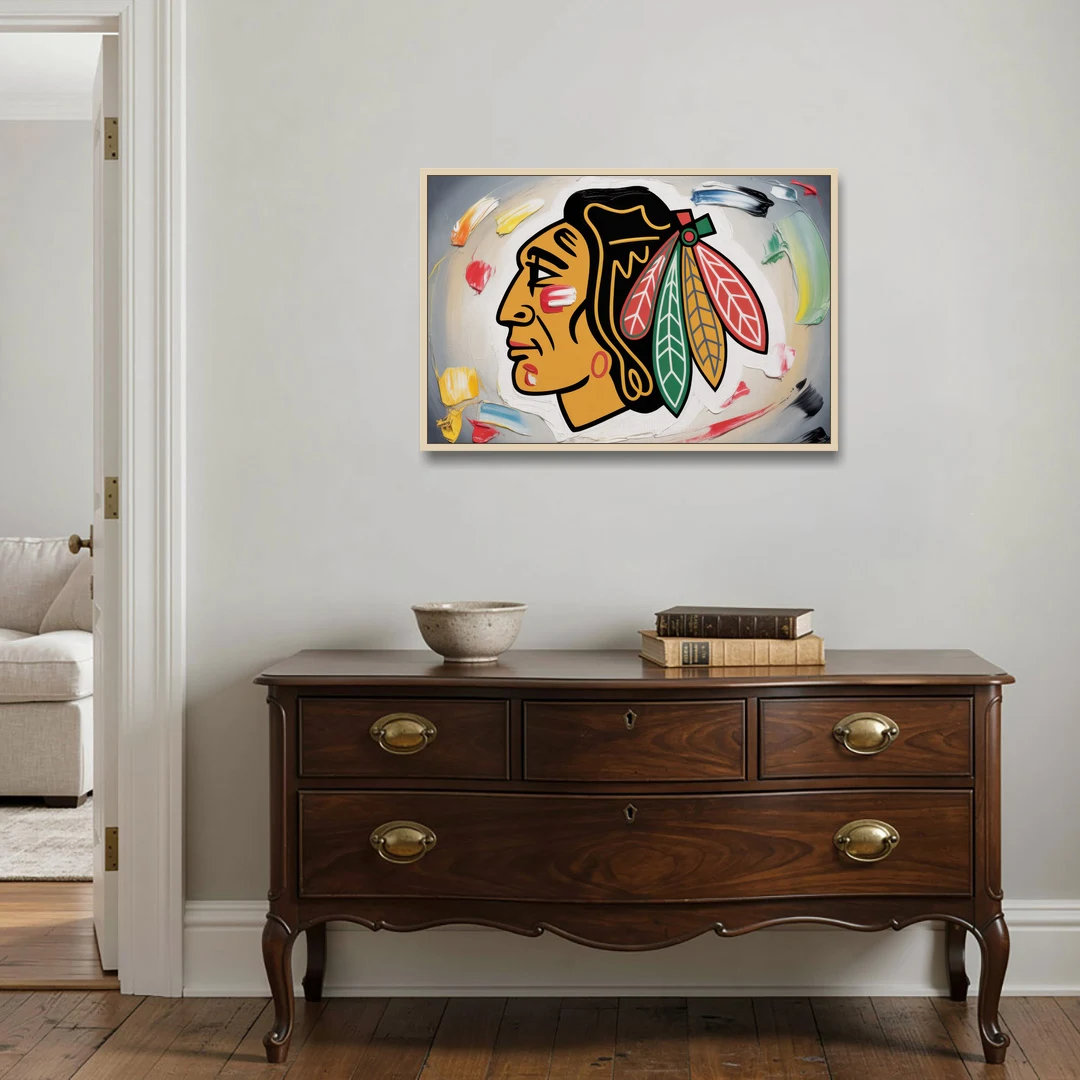 Chicago Blackhawks Classic Logo Redux - Oak Framed Canvas Wall Art - Coffee Table - 36x24
