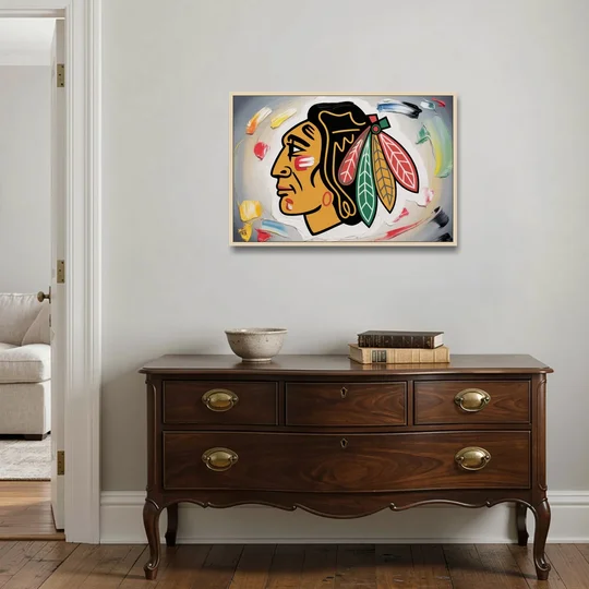 Chicago Blackhawks Classic Logo Redux - Oak Framed Canvas Wall Art - Coffee Table - 36x24