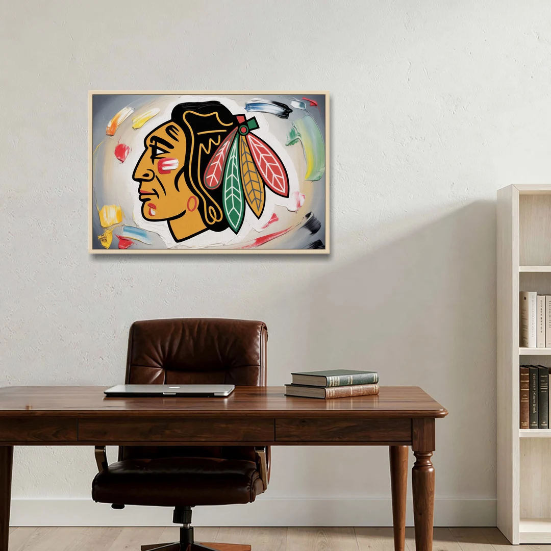 Chicago Blackhawks Classic Logo Redux - Oak Framed Canvas Wall Art - Office - 36x24