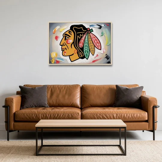 Chicago Blackhawks Classic Logo Redux - Oak Framed Canvas Wall Art - Sofa - 36x24