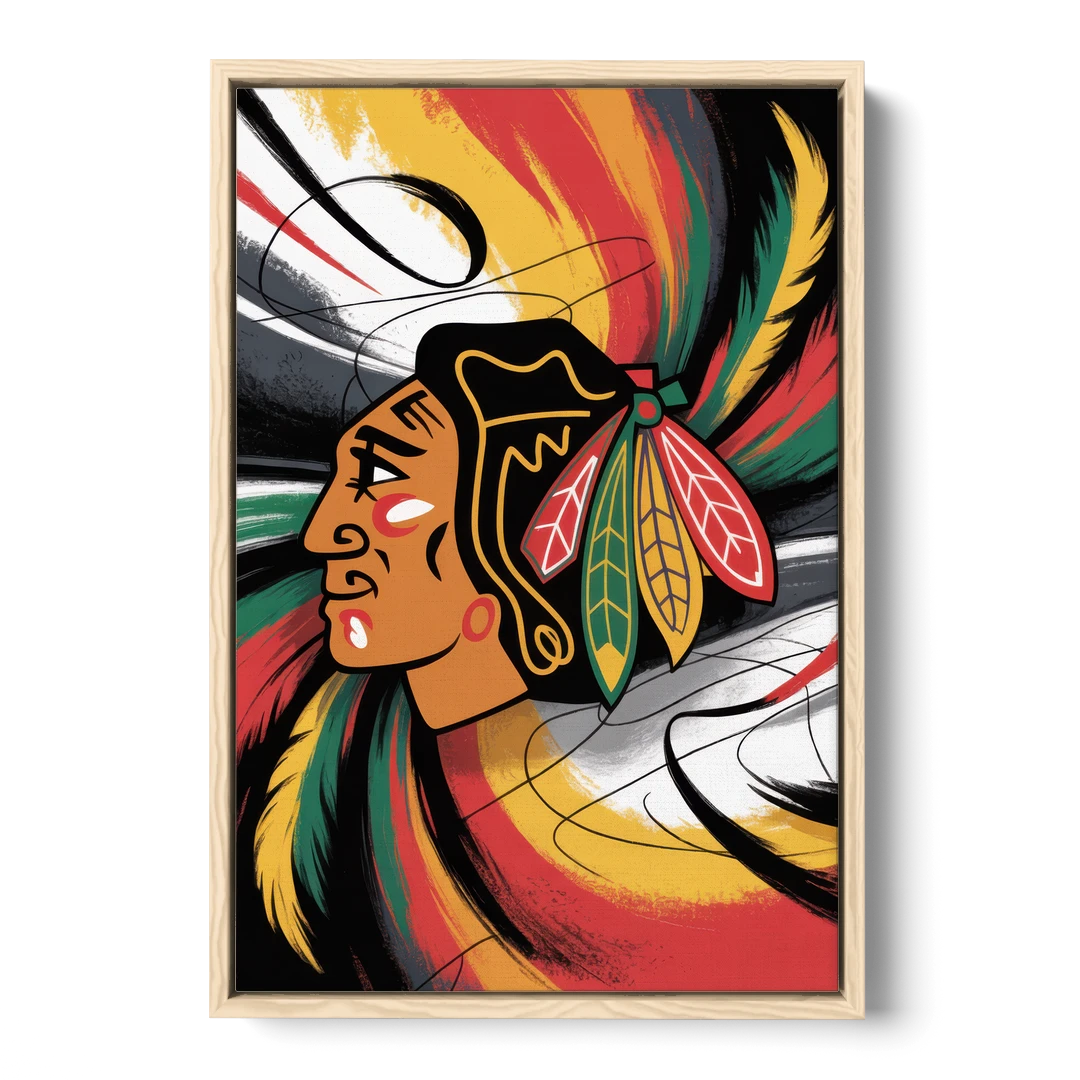 Chicago Blackhawks Dynamic Abstract Art Hockey and Feathers - Oak Framed Canvas Wall Art - Front