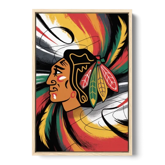 Chicago Blackhawks Dynamic Abstract Art Hockey and Feathers - Oak Framed Canvas Wall Art - Front