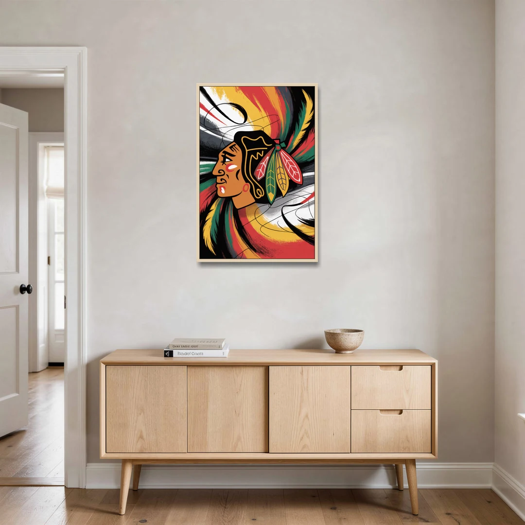 Chicago Blackhawks Dynamic Abstract Art Hockey and Feathers - Oak Framed Canvas Wall Art - Coffee Table - 24x36