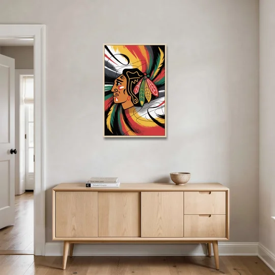 Chicago Blackhawks Dynamic Abstract Art Hockey and Feathers - Oak Framed Canvas Wall Art - Coffee Table - 24x36