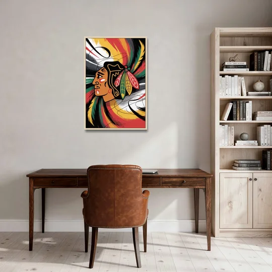 Chicago Blackhawks Dynamic Abstract Art Hockey and Feathers - Oak Framed Canvas Wall Art - Office - 24x36