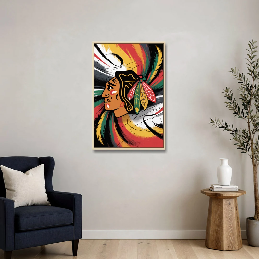Chicago Blackhawks Dynamic Abstract Art Hockey and Feathers - Oak Framed Canvas Wall Art - Sofa - 24x36