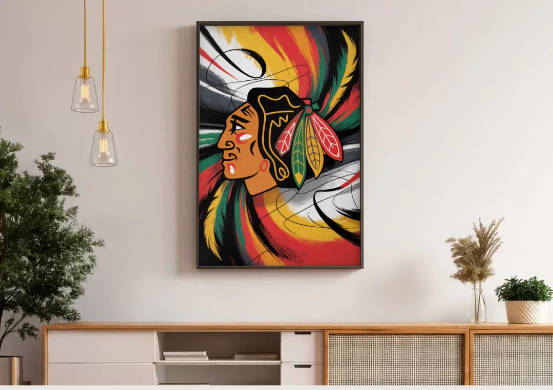 Chicago Blackhawks Dynamic Abstract Art Hockey and Feathers canvas wall art above a wooden sideboard under pendant lights