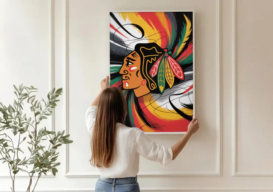 Chicago Blackhawks Dynamic Abstract Art Hockey and Feathers canvas wall art being hung on a paneled wall