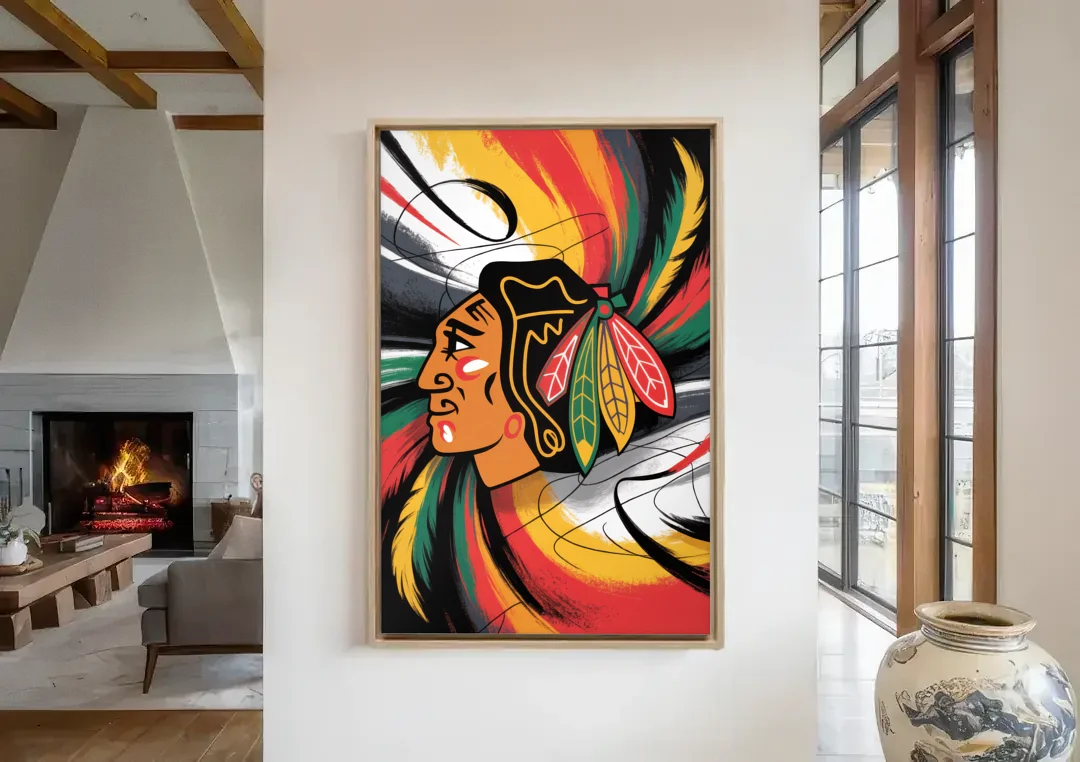 Chicago Blackhawks Dynamic Abstract Art Hockey and Feathers canvas wall art in a living room with a fireplace