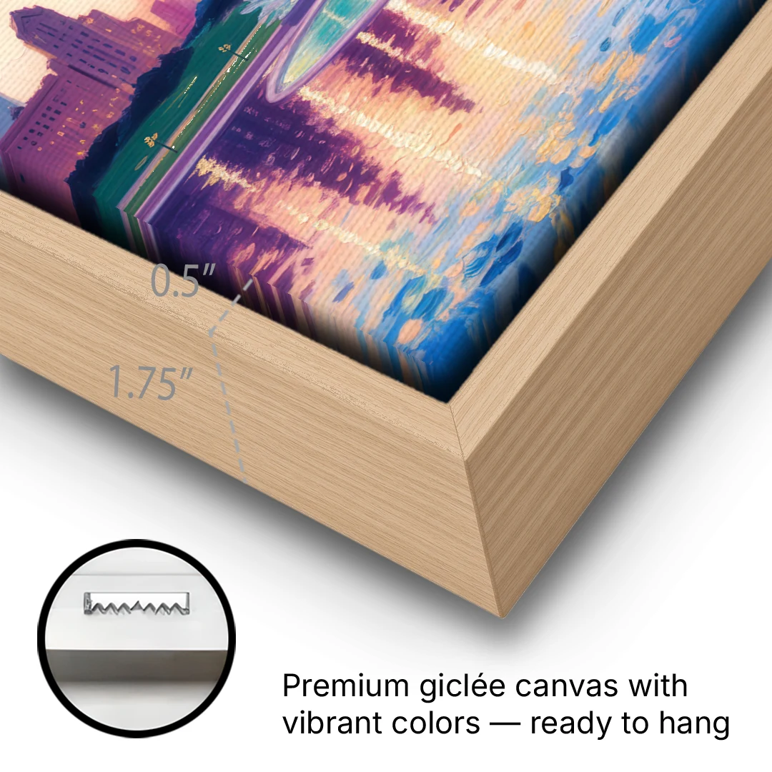 Chicago Buckingham Fountain at Dusk - Oak Framed Canvas Wall Art - Gallery Wrap Corner