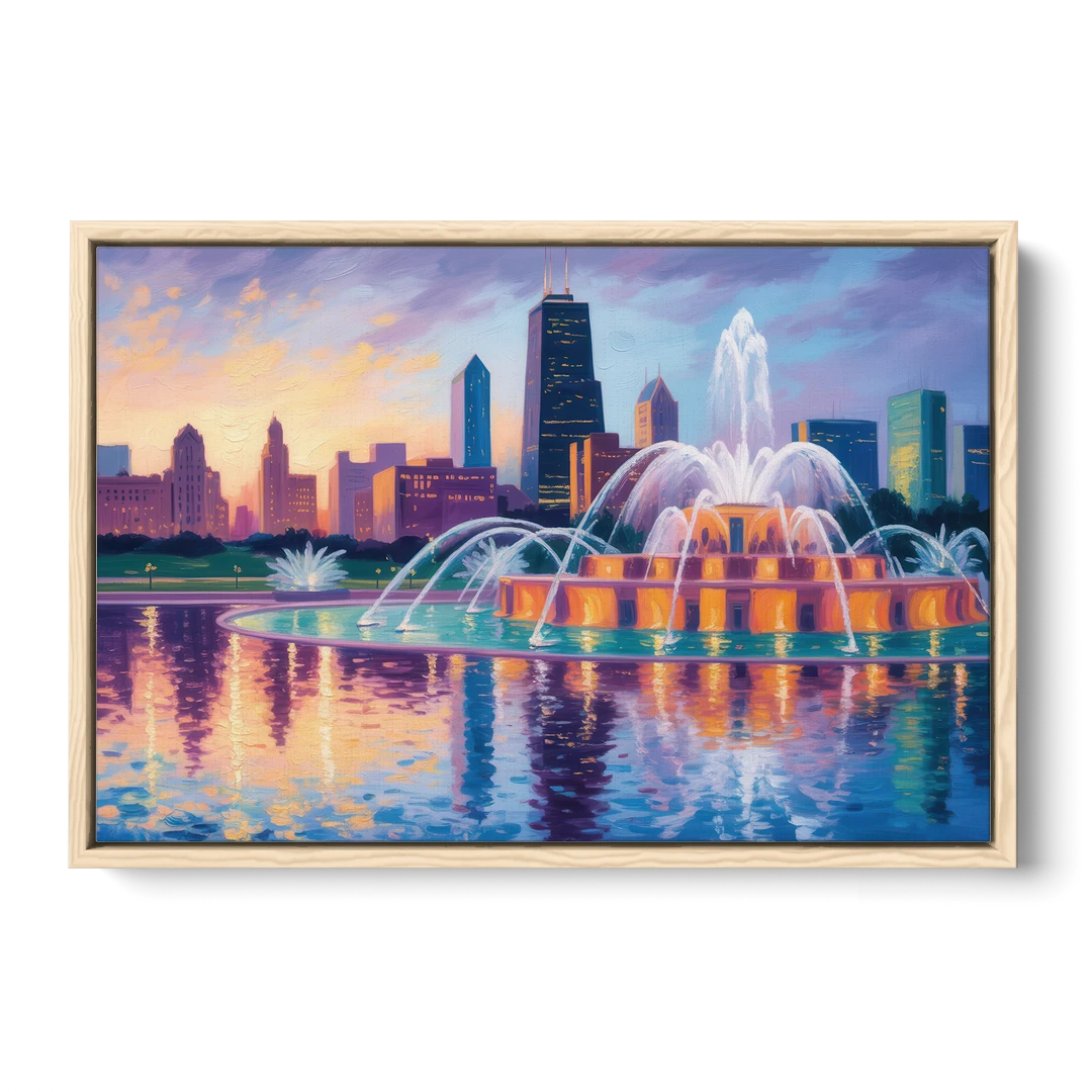 Chicago Buckingham Fountain at Dusk - Oak Framed Canvas Wall Art - Front