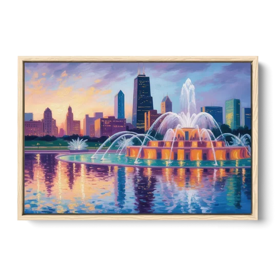 Chicago Buckingham Fountain at Dusk - Oak Framed Canvas Wall Art - Front