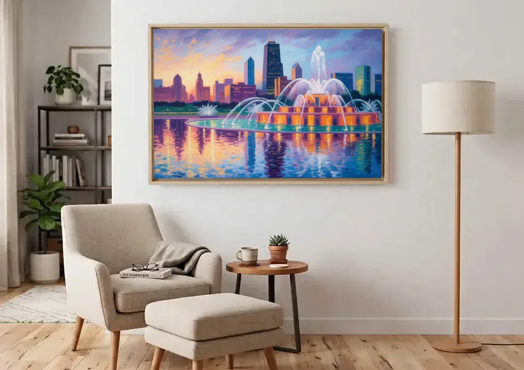 Chicago Buckingham Fountain at Dusk canvas wall art above an armchair in a bright living room