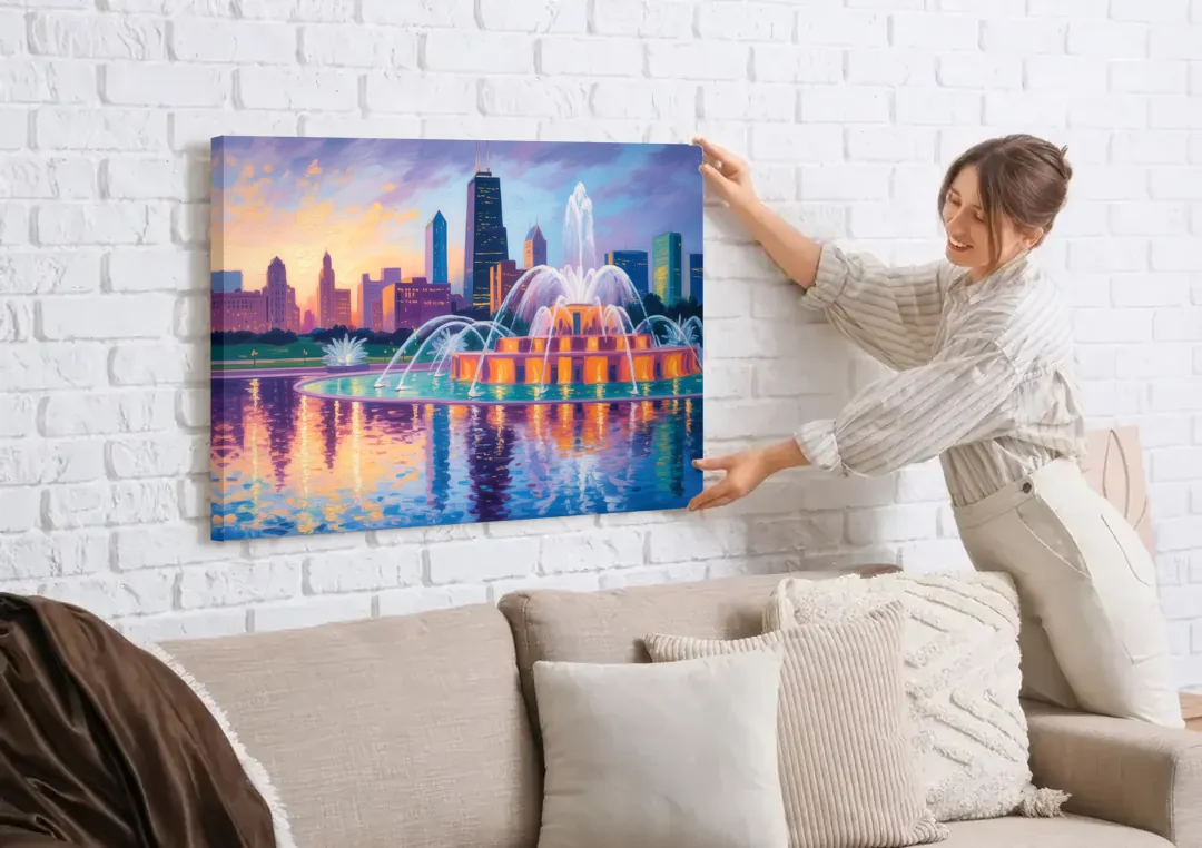 Chicago Buckingham Fountain at Dusk canvas wall art being hung on a white brick wall above a sofa