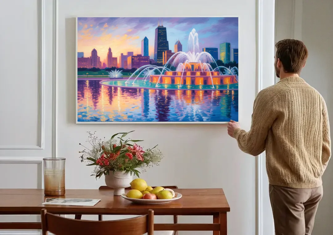 Chicago Buckingham Fountain at Dusk canvas wall art above a dining table