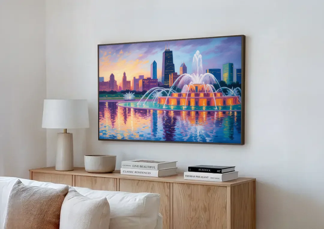 Chicago Buckingham Fountain at Dusk canvas wall art above a wooden sideboard next to a sofa