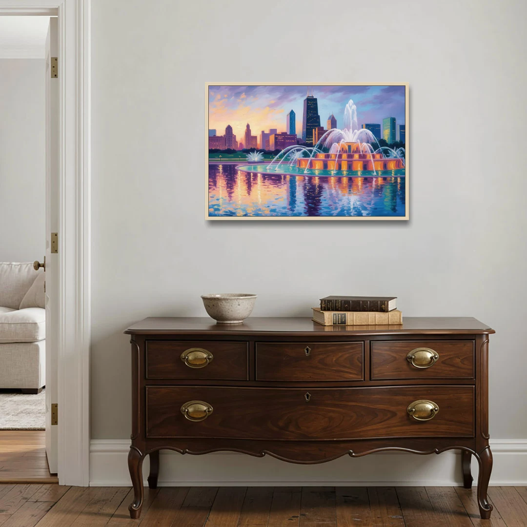 Chicago Buckingham Fountain at Dusk - Oak Framed Canvas Wall Art - Coffee Table - 36x24