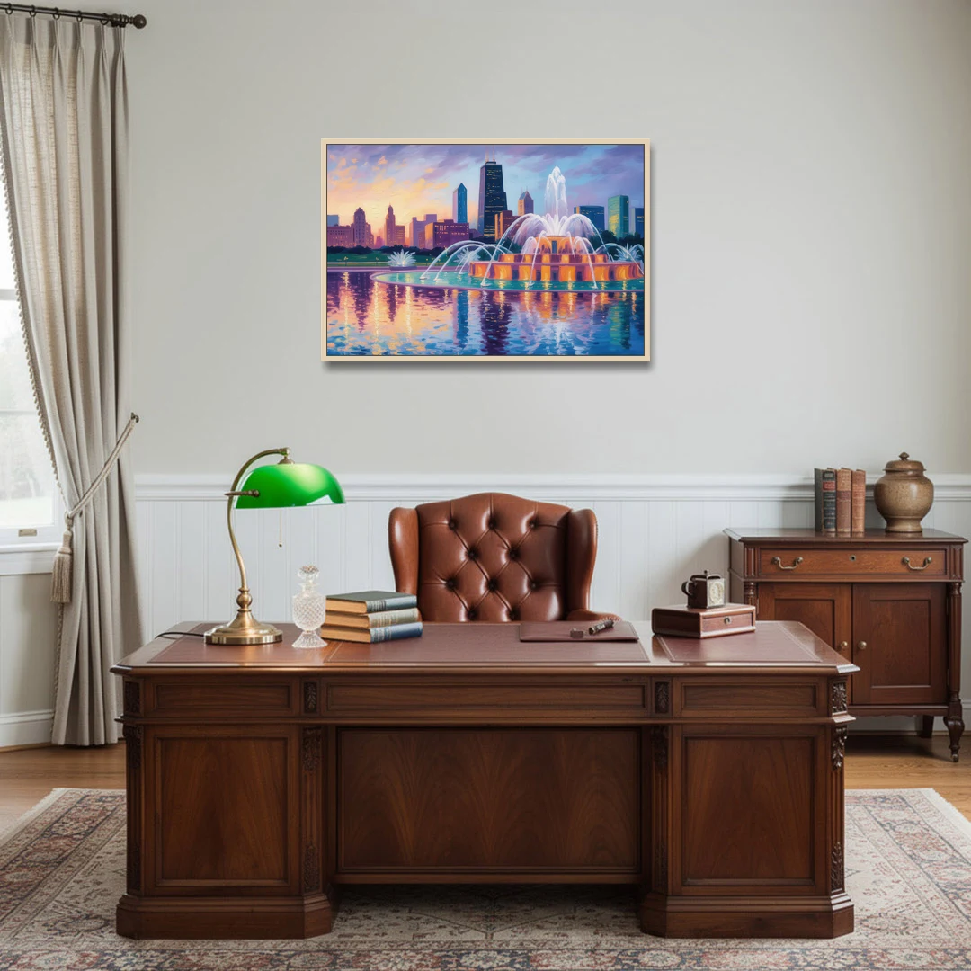 Chicago Buckingham Fountain at Dusk - Oak Framed Canvas Wall Art - Office - 36x24