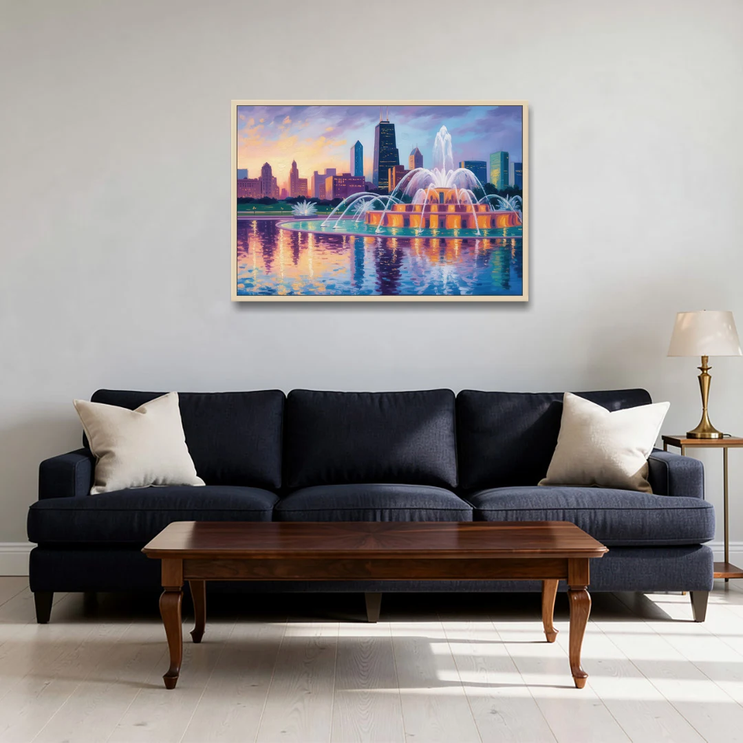 Chicago Buckingham Fountain at Dusk - Oak Framed Canvas Wall Art - Sofa - 36x24