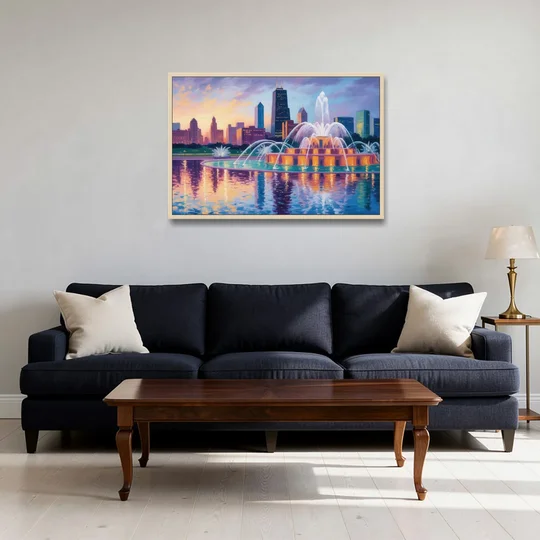 Chicago Buckingham Fountain at Dusk - Oak Framed Canvas Wall Art - Sofa - 36x24
