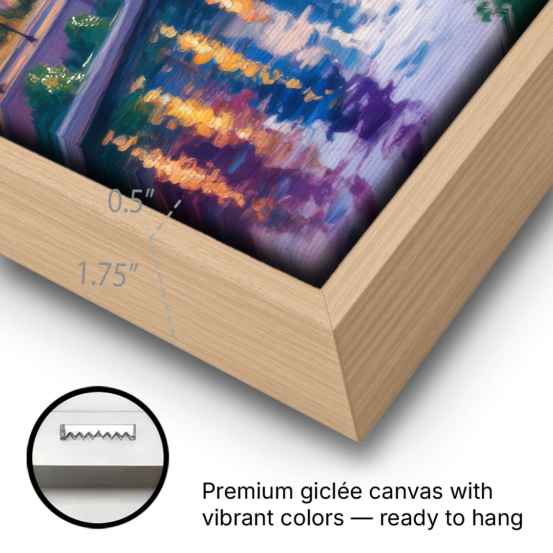 Chicago City Lights Long Exposure - Oak Framed Canvas Wall Art - Gallery Wrap Corner