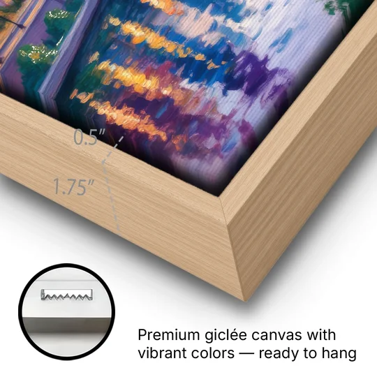 Chicago City Lights Long Exposure - Oak Framed Canvas Wall Art - Gallery Wrap Corner