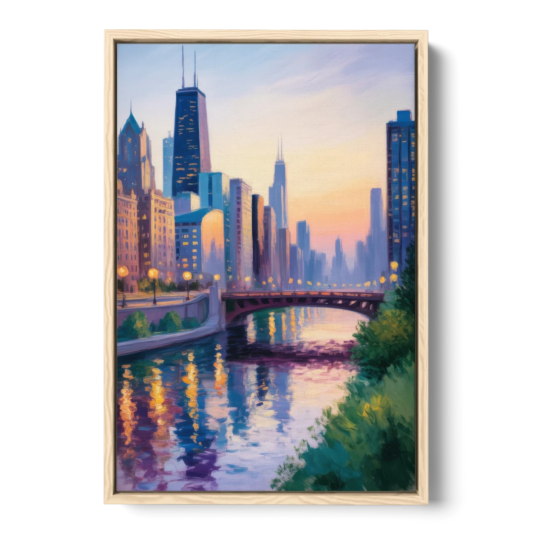 Chicago City Lights Long Exposure - Oak Framed Canvas Wall Art - Front