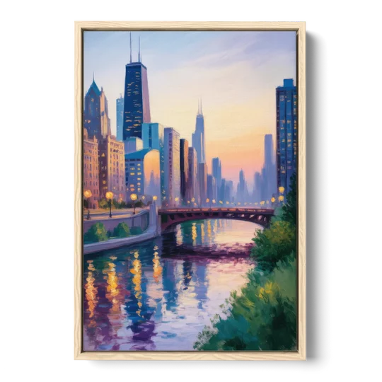Chicago City Lights Long Exposure - Oak Framed Canvas Wall Art - Front