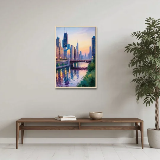 Chicago City Lights Long Exposure - Oak Framed Canvas Wall Art - Coffee Table - 24x36