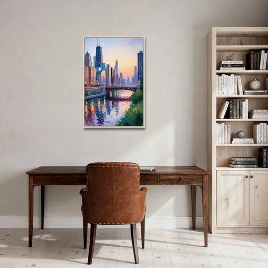 Chicago City Lights Long Exposure - Oak Framed Canvas Wall Art - Office - 24x36