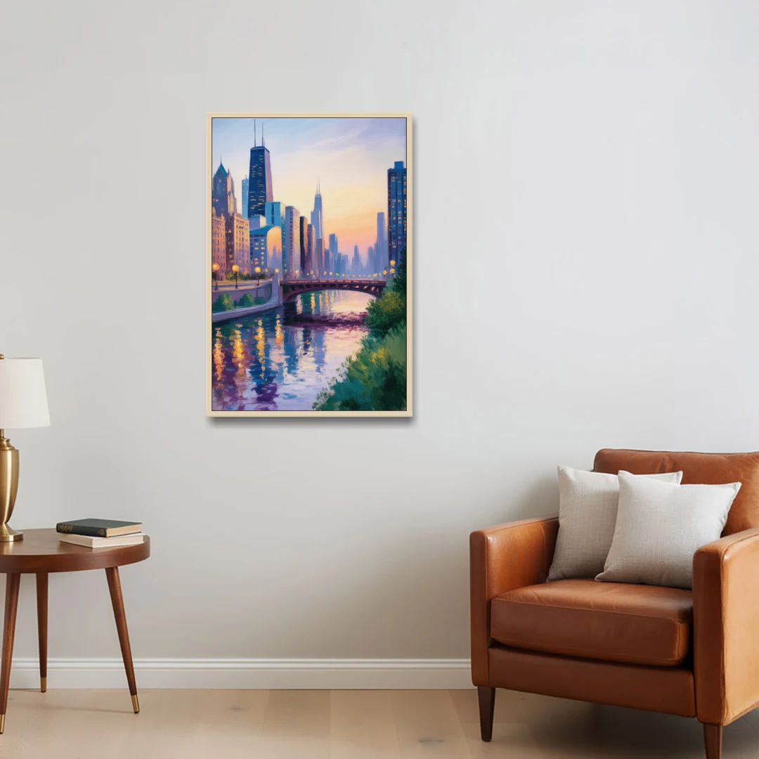 Chicago City Lights Long Exposure - Oak Framed Canvas Wall Art - Sofa - 24x36