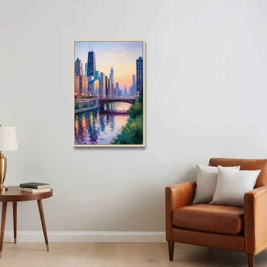Chicago City Lights Long Exposure - Oak Framed Canvas Wall Art - Sofa - 24x36