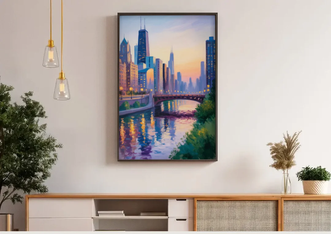 Chicago City Lights Long Exposure canvas wall art above a wooden sideboard under pendant lights