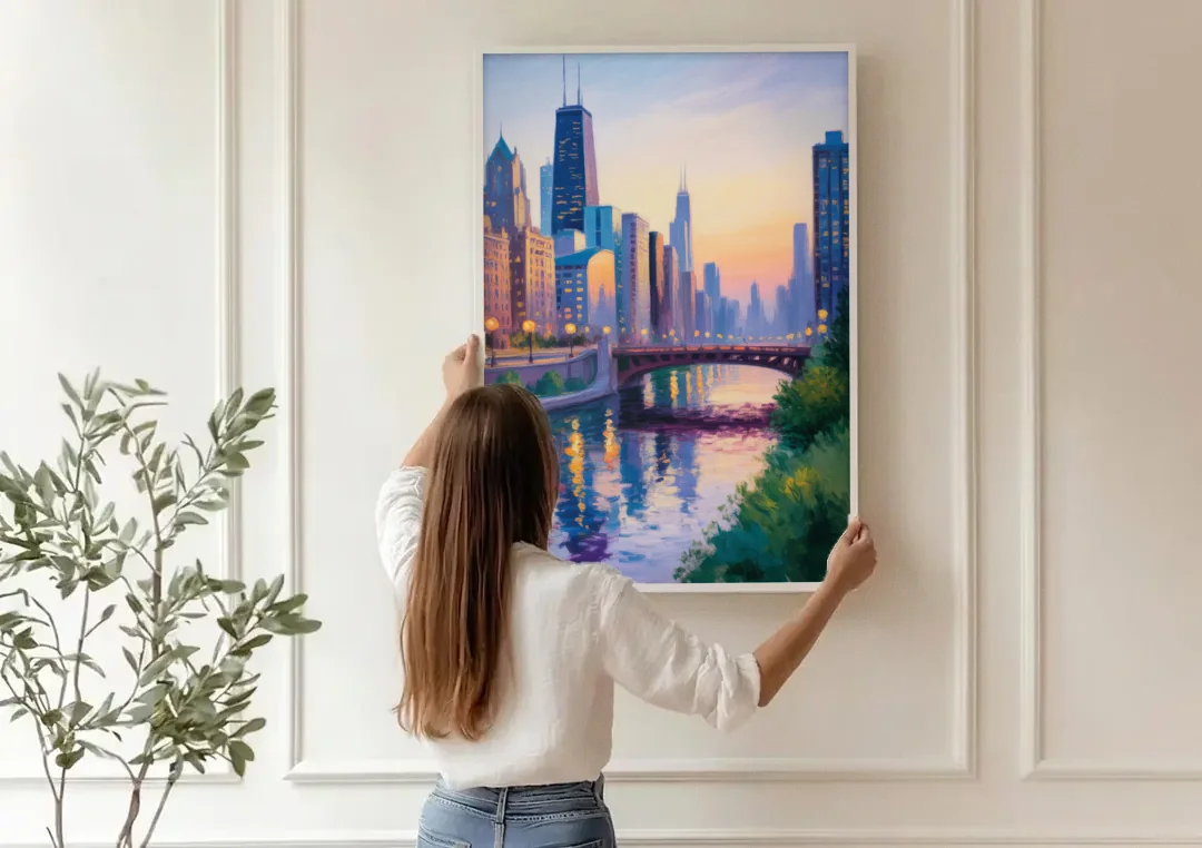 Chicago City Lights Long Exposure canvas wall art being hung on a paneled wall