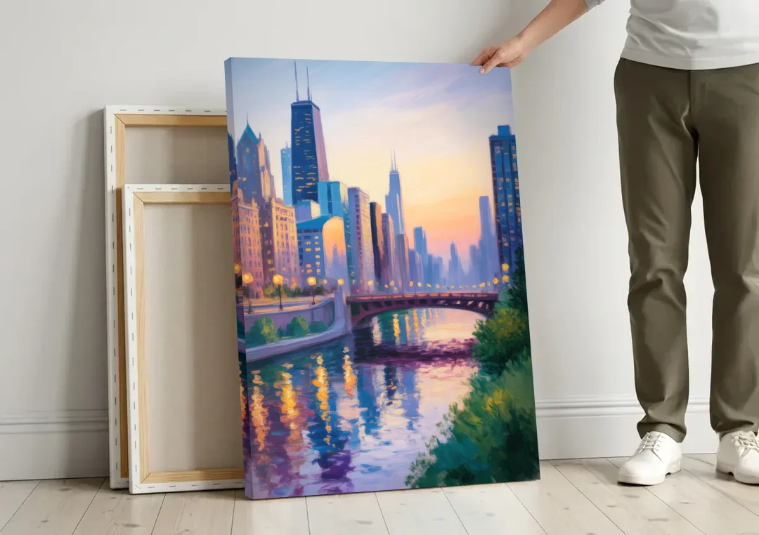 Chicago City Lights Long Exposure canvas wall art leaning against a wall next to blank canvases